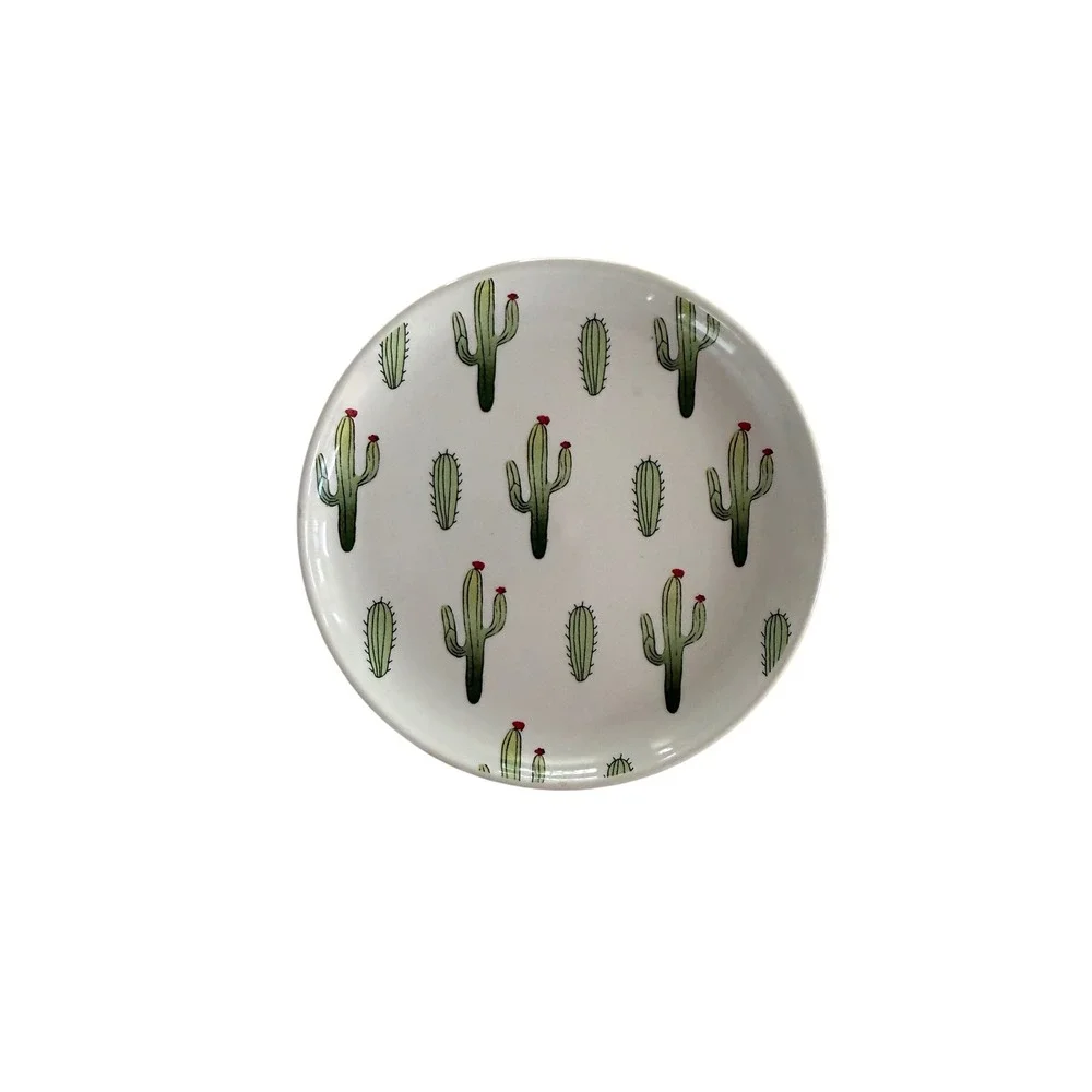 Cactus Ceramic Trinket Dish Small Round Appetizer Plate White Green Southwest 4